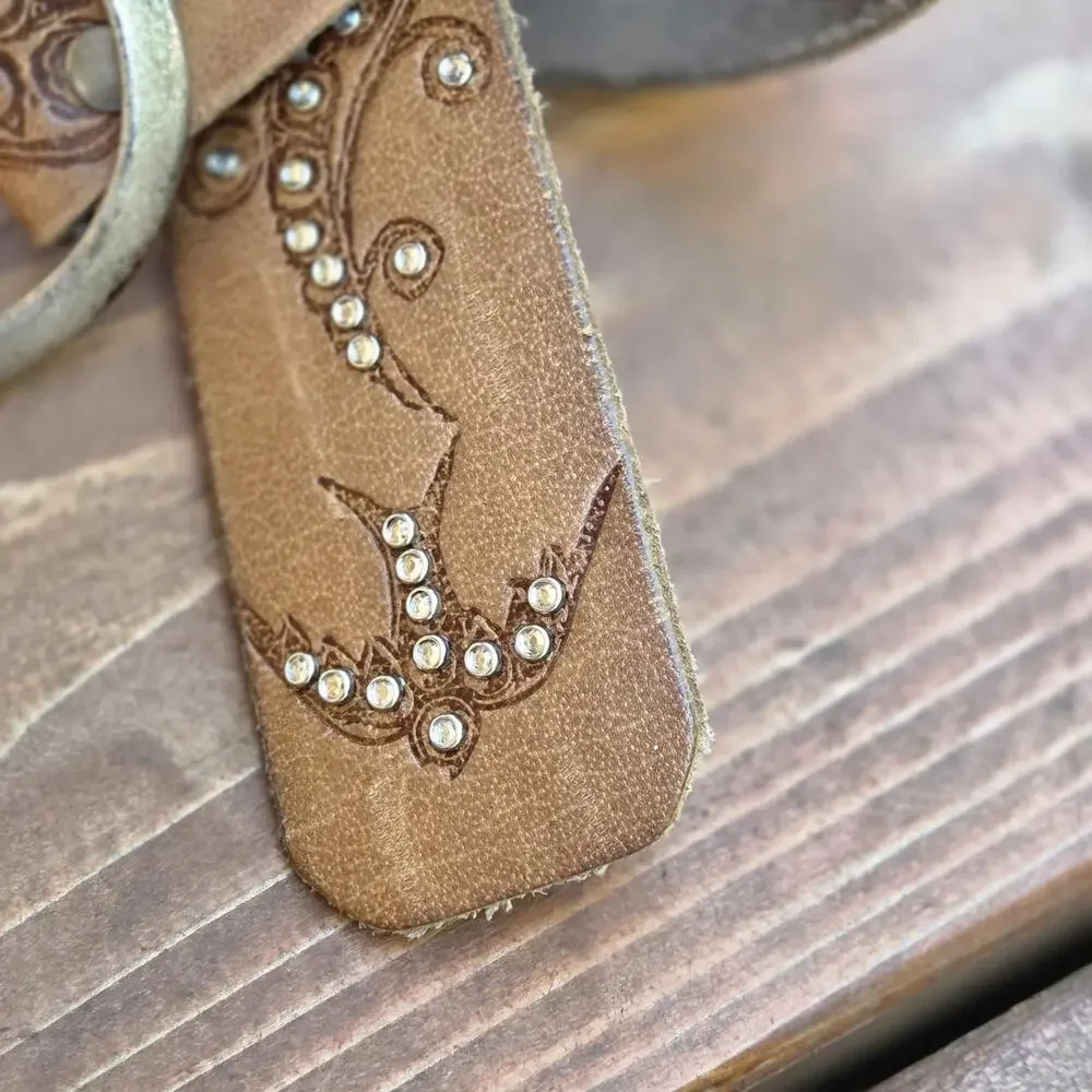 Vintage Y2K Hollister Leather Belt L Brown Tooled Studded Western Boho 2